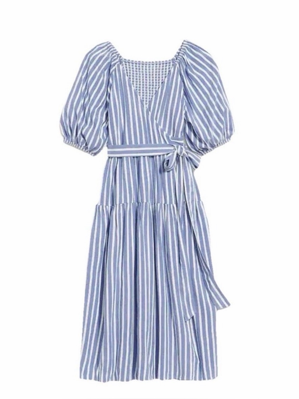 Old Navy Blue and White Striped Wrap Puff Sleeve Midi Dress